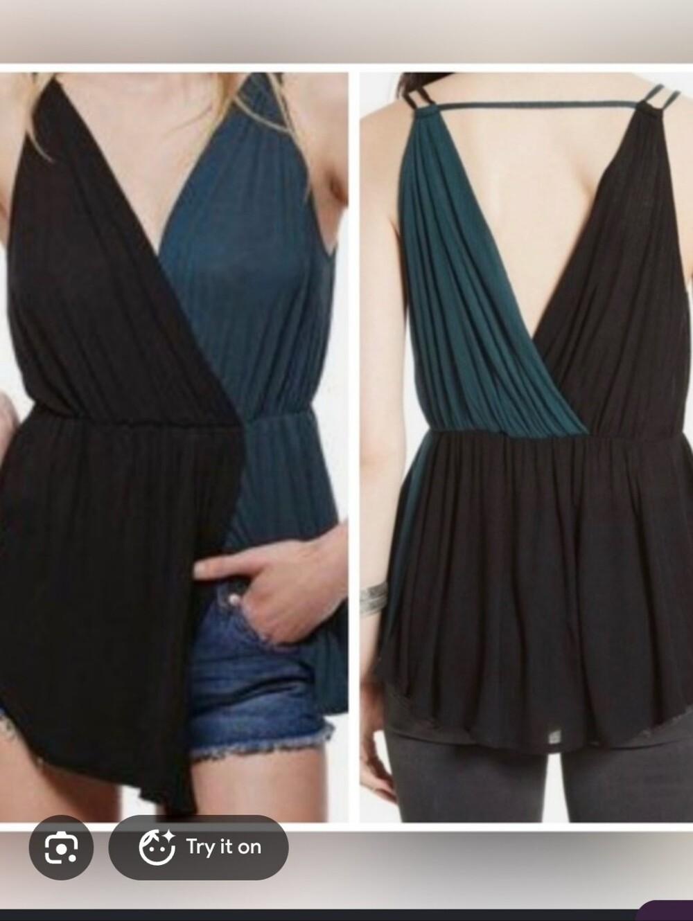 Free People Black and Teal Sleeveless V-Neck Pleated Dress